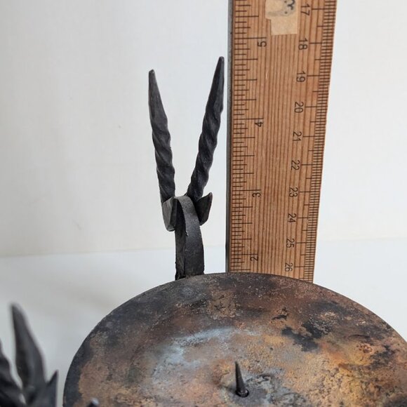 Vtg Hand Forged Wrought Iron Antelope Gazelle Heads Tripod Candle Holder - Picture 7 of 8